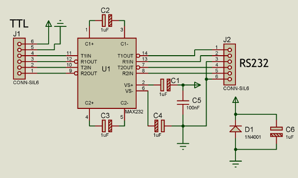 Schematic RS232-TTL converter with MAX232
